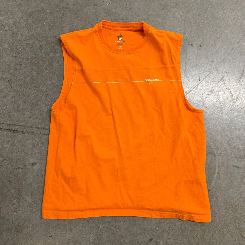 Speedo Mens Orange Sleeveless Muscle Tee Shirt XL Made in USA Cotton Logo